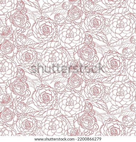 Vector seamless pattern of camellia flowers pink outline with leaves,blooming flowers of various sizes,botanical texture,hand drawn floral,on white,Colorful flowers,Beautiful patterns of nature.