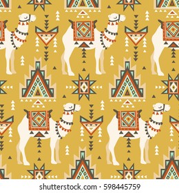 Vector seamless pattern with camels and ethnic motifs. Desert boho design for fabric design.