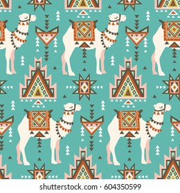 Vector seamless pattern with camels and ethnic motifs. Desert boho design for fabric design.