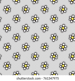 Vector seamless pattern with camomile flower. Hand drawn cute and funny fashion illustration patches or stickers kit. Modern doodle pop art sketch badges and pins