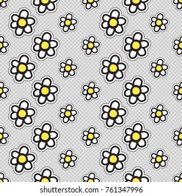 Vector seamless pattern with camomile flower. Hand drawn cute and funny fashion illustration patches or stickers kit. Modern doodle pop art sketch badges and pins