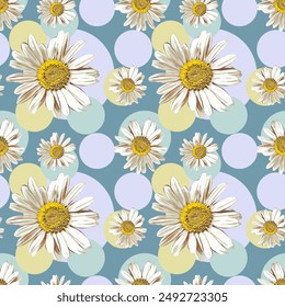 Vector - seamless pattern of camomile and polka dot.