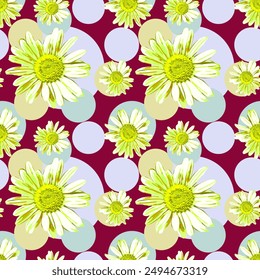 Vector - seamless pattern of camomile and polka dot.