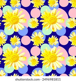 Vector - seamless pattern of camomile and polka dot.