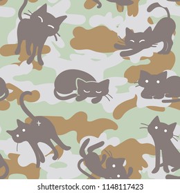Vector Seamless Pattern of Camouflage and Cats