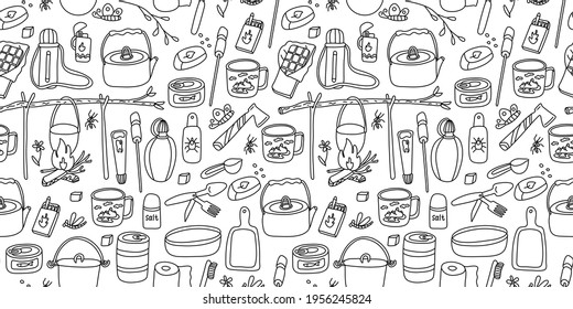 Vector seamless pattern. Camp kitchen equipment on white background. Great for fabrics, wrapping papers, wallpapers, covers. Doodle hand drawn sketch illustration black outlines.