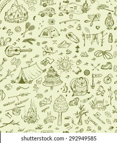 Vector seamless pattern of Camping Elements. Hand Drawn Doodle background