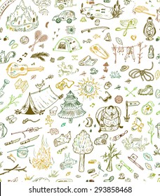 Vector seamless pattern of Camping Elements. Colorful Hand Drawn Doodle background