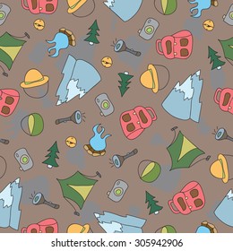 Vector seamless pattern of Camping Elements - Hand Drawn Doodle background