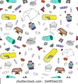 Vector seamless pattern of camping and Hiking elements isolated on a white background. Cute vector illustrations in Doodle style.Hiking, picnics, traveling with children.