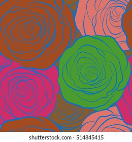 Vector seamless pattern. Can be used for festive greeting card, textil print or fabric. Multicolored lovely rose flowers.