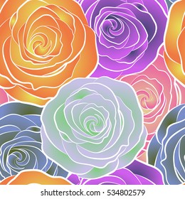 Vector seamless pattern. Can be used for festive greeting card, textil print or fabric. Multicolored lovely rose flowers.