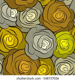 Vector seamless pattern. Can be used for festive greeting card, textil print or fabric. Lovely rose flowers in beige and yellow colors.