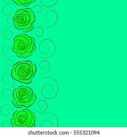 Vector seamless pattern. Can be used for festive greeting card, textil print or fabric. Lovely vertical rose flowers with copy space (place for your text) in green colors.
