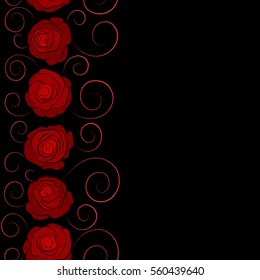 Vector seamless pattern. Can be used for festive greeting card, textil print or fabric. Lovely vertical rose flowers with copy space (place for your text) in red colors.