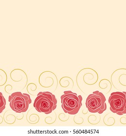 Vector seamless pattern. Can be used for festive greeting card, textil print or fabric. Lovely horizontal rose flowers with copy space (place for your text) in beige, yellow and red colors.