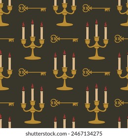 Vector seamless pattern with candelabra and key. Dark academia pattern