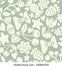 Vector seamless pattern with candies, berries, flowers, hearts and stars.
