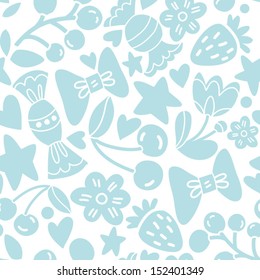 Vector seamless pattern with candies, berries, flowers, hearts and stars.