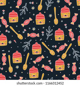 Vector seamless pattern with candies, cupcakes, spoons, flowers and leaves. Seamless pattern.