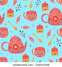 Vector seamless pattern with candies, cupcakes, spoons,  teapots and cups decorated with flowers and leaves. Seamless pattern.