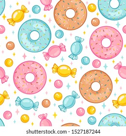 Vector seamless pattern with candies and donuts. Sweet candy and donut seamless pattern for birthday party.