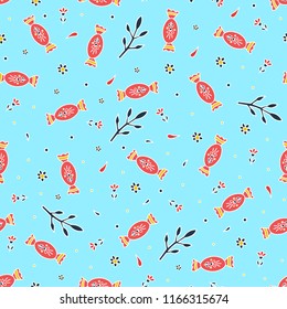Vector seamless pattern with candies, flowers and leaves. Seamless pattern.