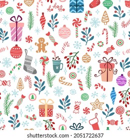Patrón vectorial sin fisuras con caramelos, cajas de regalo, ramas, bolas, copos de nieve. Diseño lindo para envolturas navideñas, textiles, papel pintado y fondo.