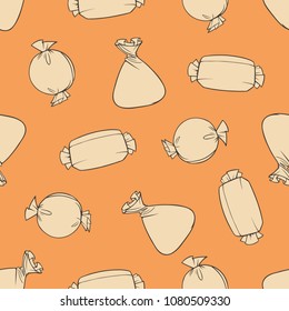 Vector seamless pattern with candies on caramel background.