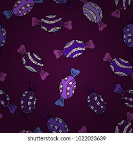 Vector seamless pattern with candy in brown, purple and black universe: sweet in outer space for textile, cards, web design: delicious realistic seamles background: graphic fantastic candy in cosmos.