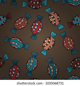 Vector seamless pattern with candy in brown, blue and black. Sweet for textile, cards, web design: delicious realistic seamles background: graphic fantastic candy.