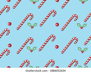 Vector seamless pattern Candy canes and holly berries patterns on a blue background