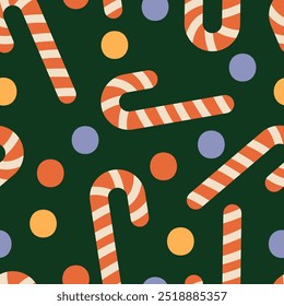 Vector seamless pattern with candy canes and confetti. Christmas festive background