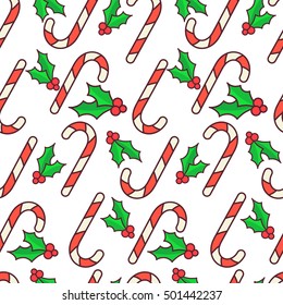 Vector seamless pattern. Candy canes and holly berry. Christmas wrapping paper design. White background