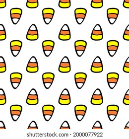 Vector seamless pattern of candy corn. hand-drawn in doodle style candy corn triangular shape in white, yellow and orange stripes, arranged geometrically on a white background for a Halloween design 