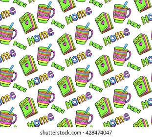 Vector seamless pattern with candy, cup of tea, art book. Sweet home background. 