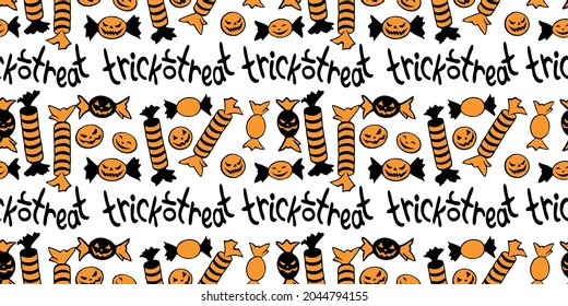 Vector seamless pattern of candy in different wrappers in Halloween style. Trick or treat lettering. Bright texture for holiday design, guiding, decoration, wrapping paper