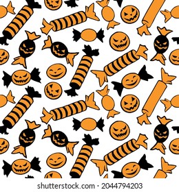 Vector seamless pattern of candy in different wrappers in Halloween style. Trick or treat. Bright texture for holiday design, decoration, wrapping paper