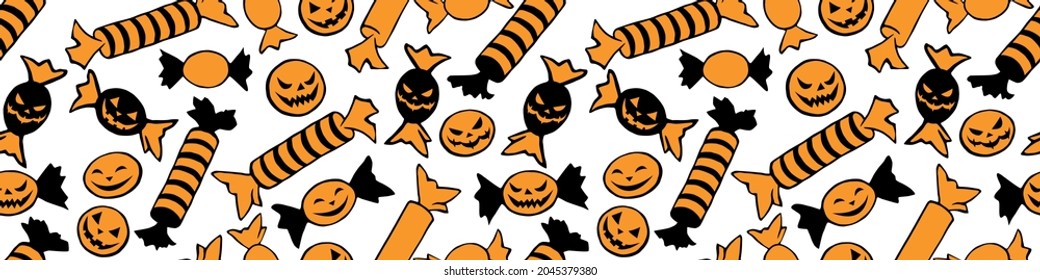 Vector seamless pattern of candy in different wrappers in Halloween style. Trick or treat. Bright texture for holiday design, decoration, wrapping paper