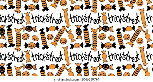 Vector seamless pattern of candy in different wrappers in Halloween style. Trick or treat lettering. Bright texture for holiday design, guiding, decoration, wrapping paper