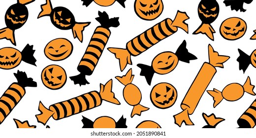 Vector seamless pattern of candy in different wrappers in Halloween style. Trick or treat. Bright texture for holiday design, decoration, wrapping paper