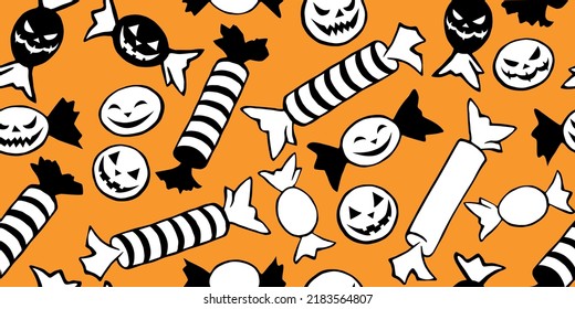 Vector seamless pattern of candy in different wrappers in Halloween style. Trick or treat. Bright texture for holiday design, decoration, wrapping paper