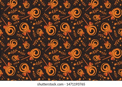 Vector seamless pattern of candy and Lollipop on a black background. Sweets for Halloween. Design for textile, paper, Wallpaper, packaging, banner, card, invitation, postcard. Festive decoration for H