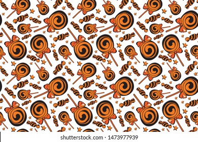 Vector seamless pattern of candy and Lollipop on a black background. Sweets for Halloween. Design for textile, paper, Wallpaper, packaging, banner, card, invitation, postcard. Festive decoration 
