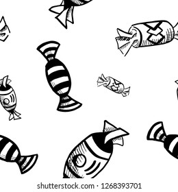 Vector seamless pattern, candy sketch, black drawn on a white background
