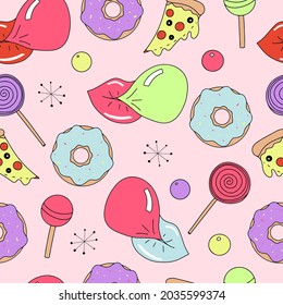 Vector seamless pattern with candy, sweets and food from the 80-s and 90-s in flat outlined style