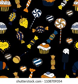 Vector seamless pattern with candy in violet, purple and black. Sweet for textile, cards, web design: delicious realistic seamles background: graphic fantastic candy.