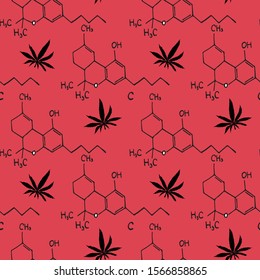 Vector seamless pattern with cannabis and chemical formula. On a red background. Drawn in doodle style. For design, textile, backgrounds, packaging, ornament, fabric, factories, wallpapers.