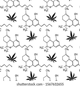 Vector seamless pattern with cannabis and chemical formula. On a white background. Drawn in doodle style. For design, textile, backgrounds, packaging, ornament, fabric, factories, wallpapers.
