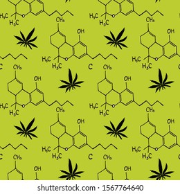 Vector seamless pattern with cannabis and chemical formula. On a green background. Drawn in doodle style. For design, textile, backgrounds, packaging, ornament, fabric, factories, wallpapers.